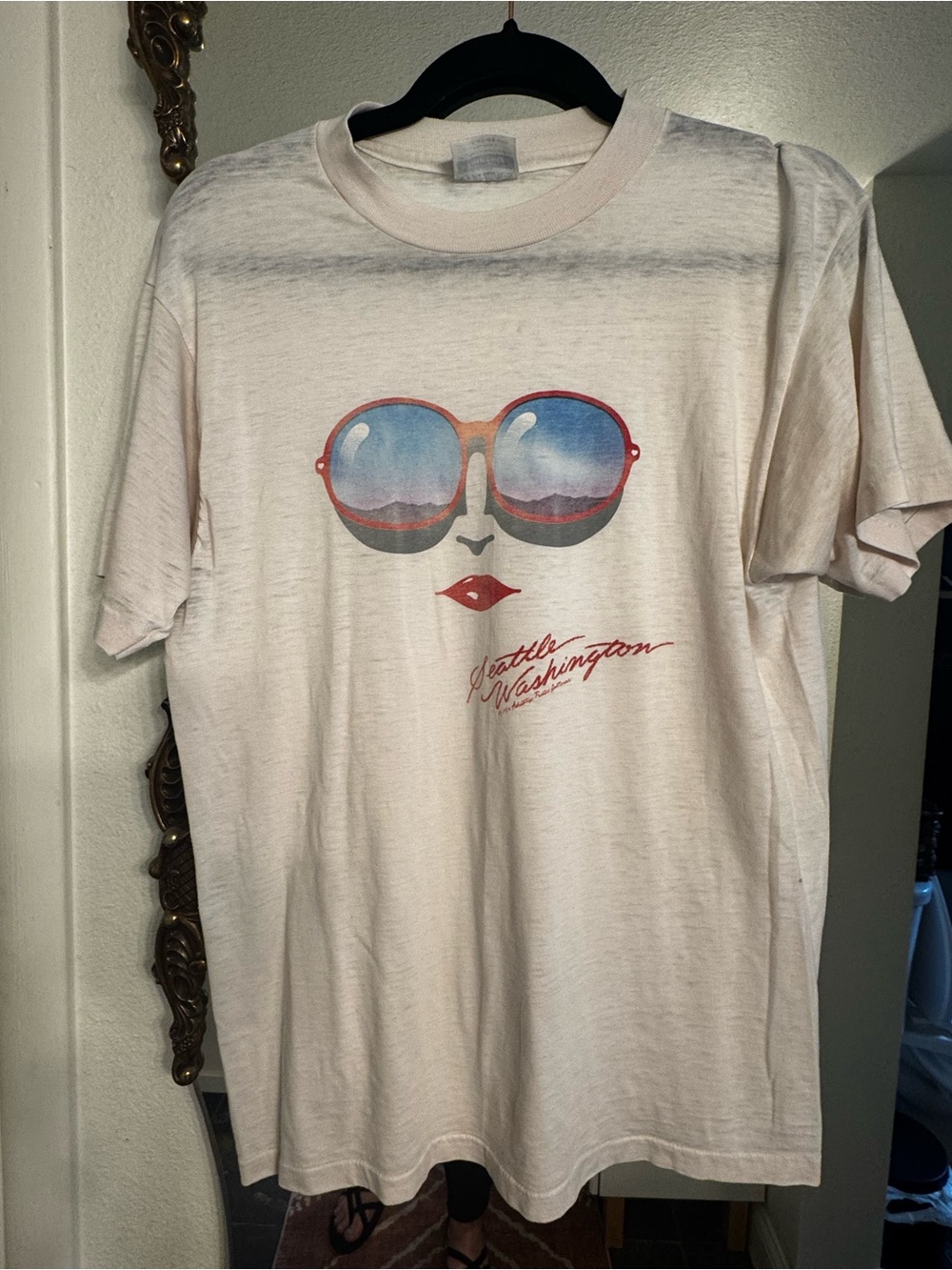 Hanes Cream Graphic Tee with Blue Sunglasses and Red Script